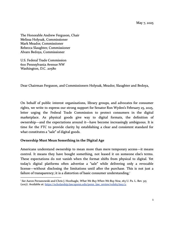 Jointly signed letter to the FTC urging clarification of digital ownership. 