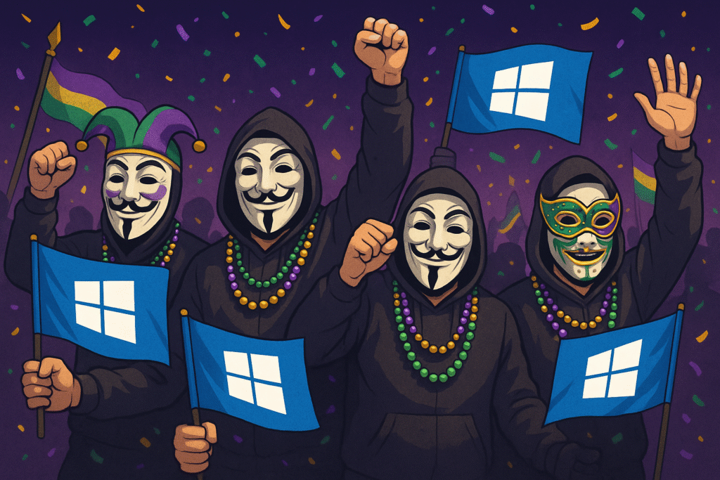 Hackers celebrating Mardi Gras with Windows flags.