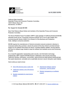 Letter in Support of CA SB 898 Connected Consumer Product End of Life Bill
